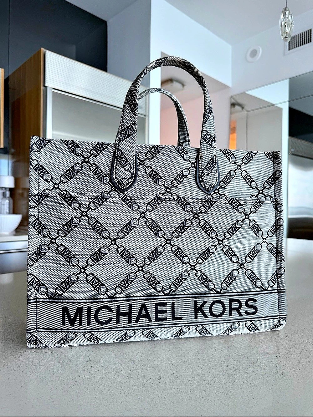 Michael Kors Gigi Large Empire Signature Logo Tote Bag Black & White